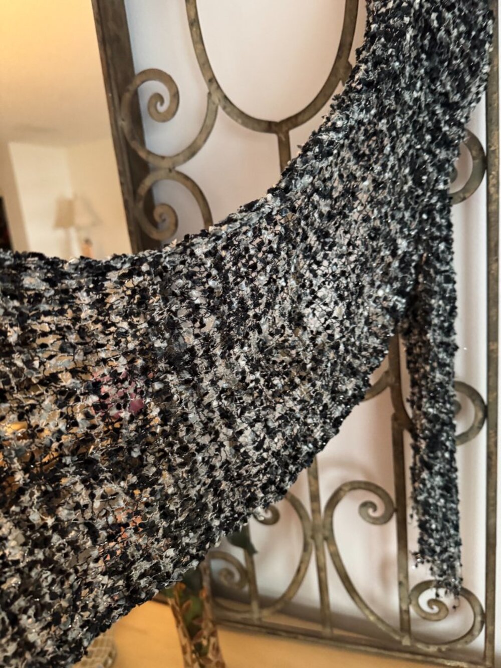 Black / White / Silver Metallic Loose Knit Scarf, purse tie, belt sash